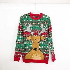 Buzzard Bay Ugly Christmas Reindeer Sweater, Size Small, Red and Green